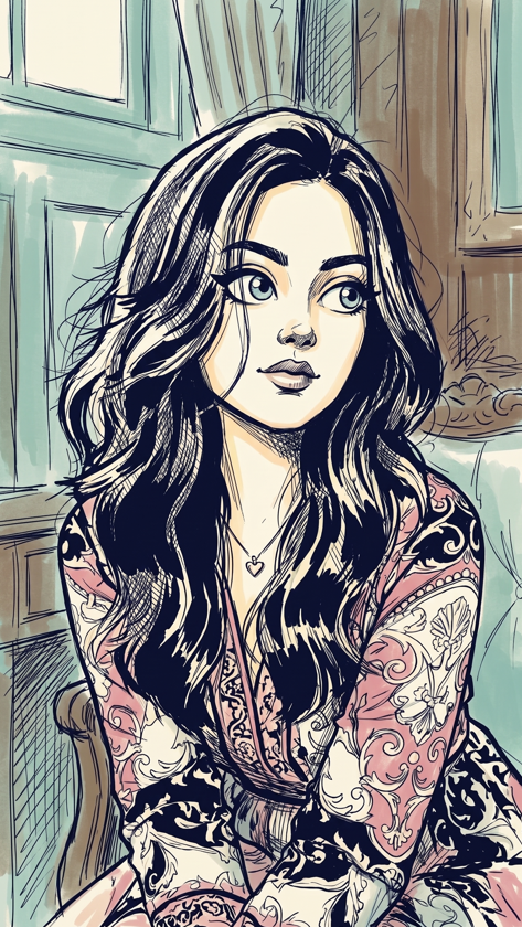 Transform the full image into a deliberately quirky hand-drawn glamour-cartoon ink sketch—not photorealistic