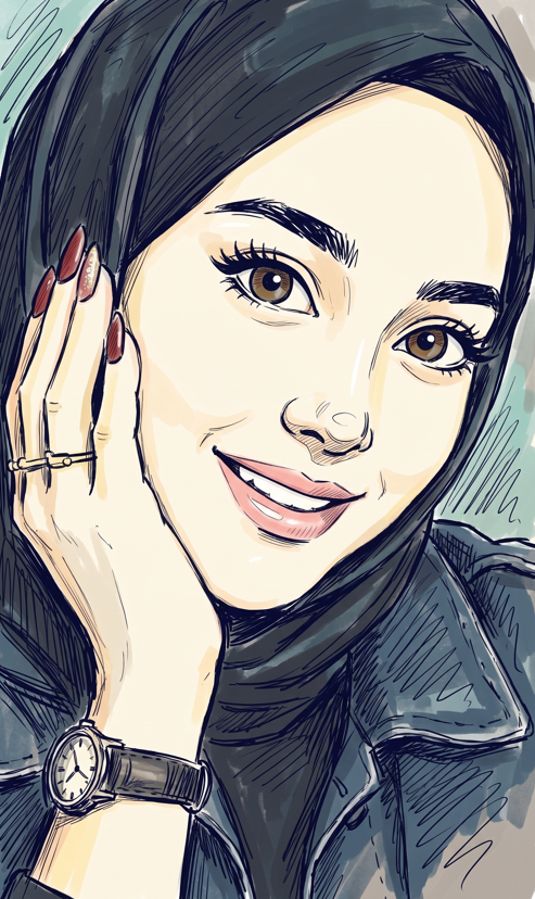 Transform the full image into a deliberately quirky hand-drawn glamour-cartoon ink sketch—not photorealistic