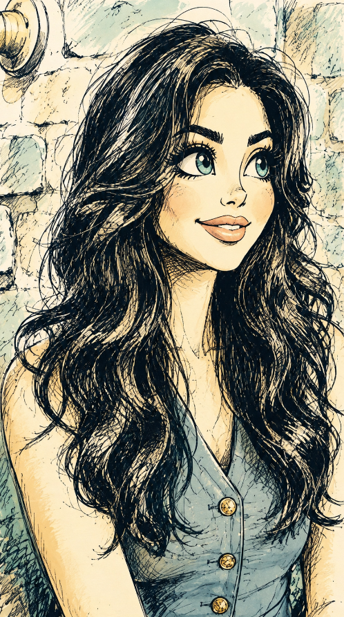 Transform the full image into a deliberately quirky hand-drawn glamour-cartoon ink sketch—not photorealistic