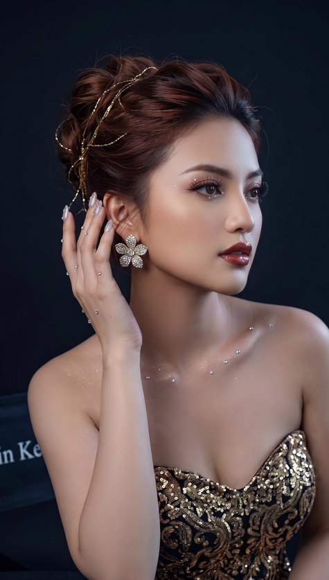 A realistic half-body close-up portrait, featuring a young Asian woman positioned at the center of the frame