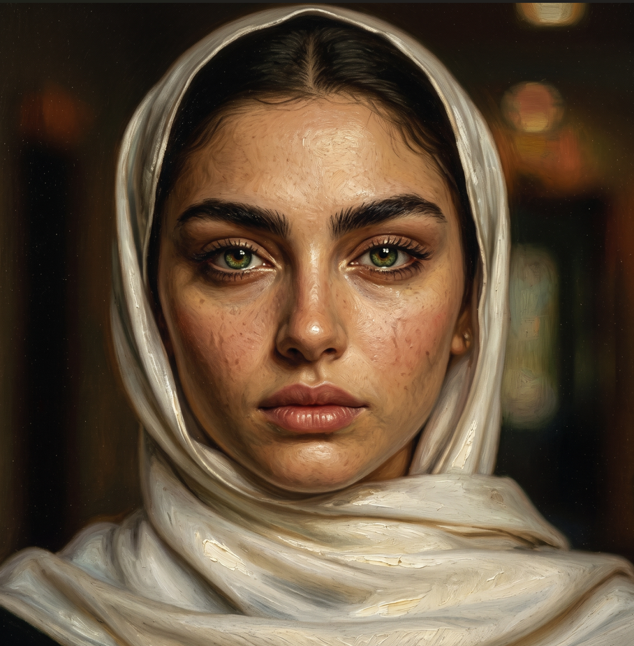 Classical semi-realistic oil painting in the manner of Rembrandt van Rijn, dark psychological realism