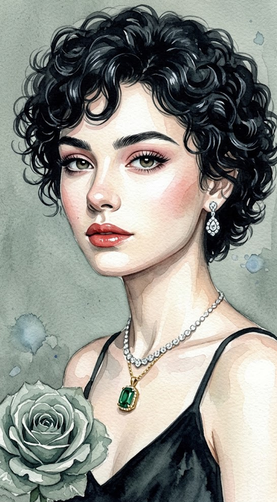 Vintage lady portrait. A gray-green background. Short, dense black curly wool-textured hair with glossy, well-defined curls