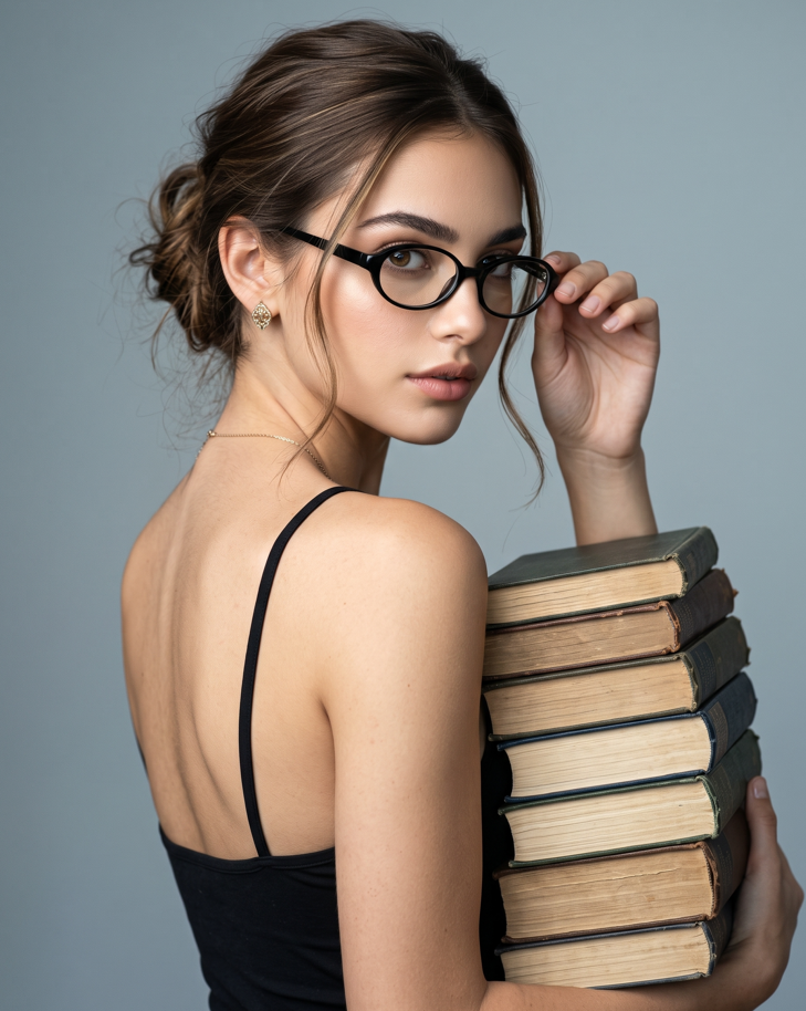 photorealistic fine-art editorial portrait of an adult woman in a sophisticated minimalist studio