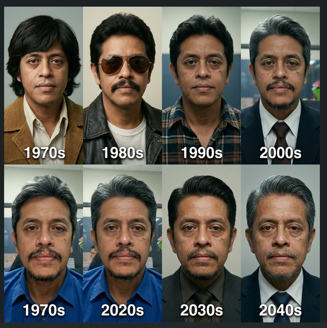photorealistic cinematic portrait series of the same person appearing in different decades