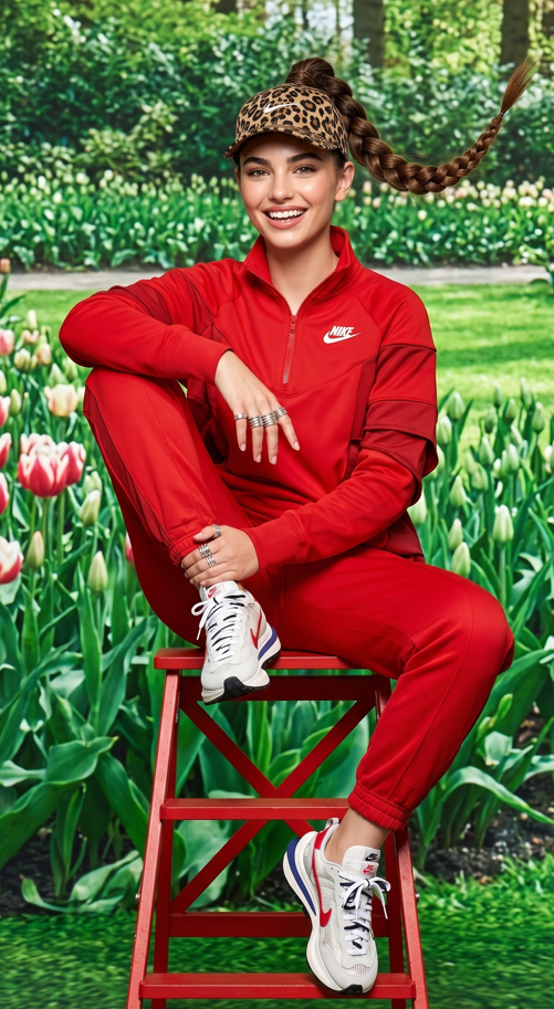 Sporty Editorial. Full-body photograph of a woman with a high, braided ponytail and a fresh, dewy makeup look