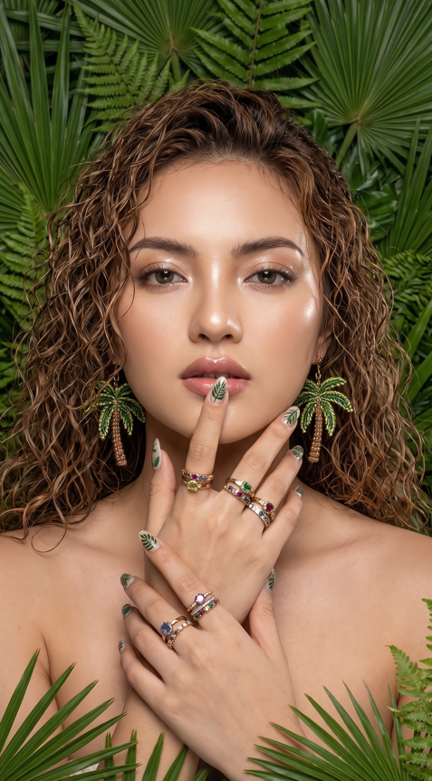 A woman with voluminous wet-look curly hair. Glossy, luminous makeup