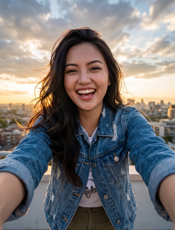 Ultra-photorealistic low-angle selfie composition captured with a 24mm wide-angle lens