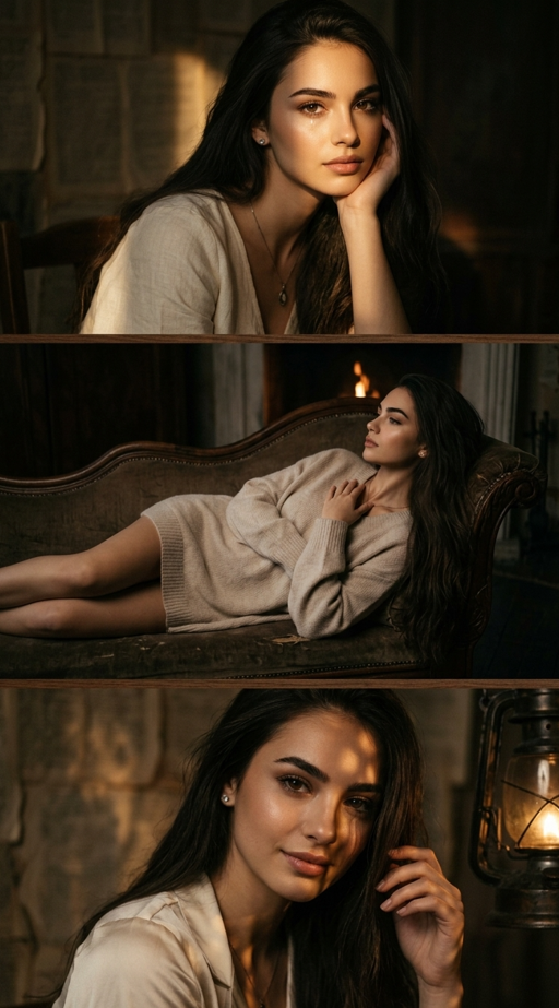 long dark hair and wears light-colored clothing, photographed in a low-light environment