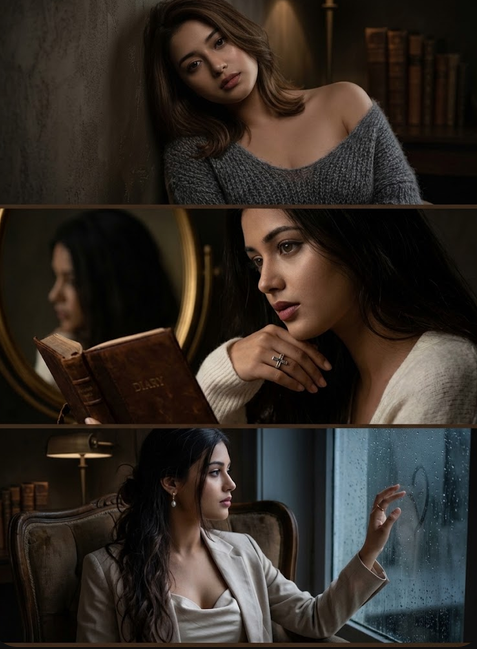 long dark hair and wears light-colored clothing, photographed in a low-light environment