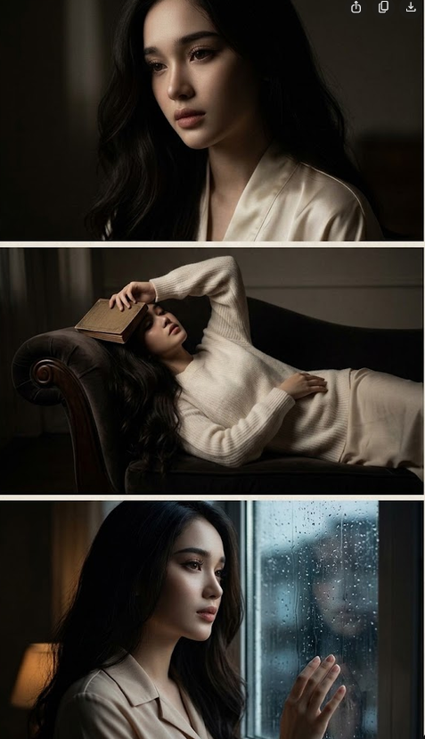 long dark hair and wears light-colored clothing, photographed in a low-light environment