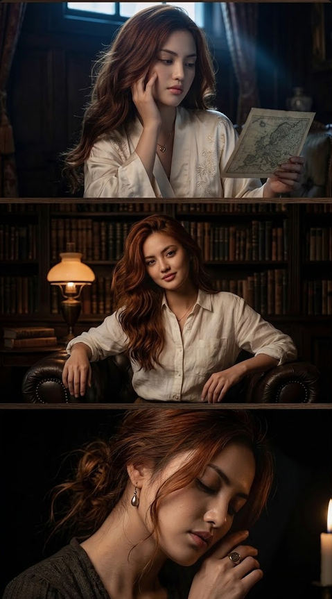 long dark hair and wears light-colored clothing, photographed in a low-light environment