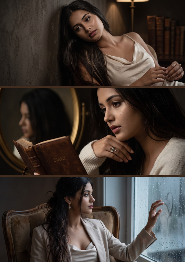 long dark hair and wears light-colored clothing, photographed in a low-light environment