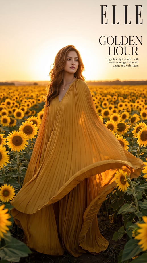 A sweeping fashion portrait of a model standing in an expansive golden sunflower field during late afternoon twilight