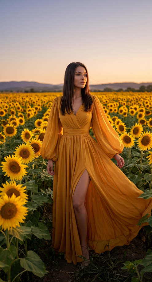 A sweeping fashion portrait of a model standing in an expansive golden sunflower field during late afternoon twilight