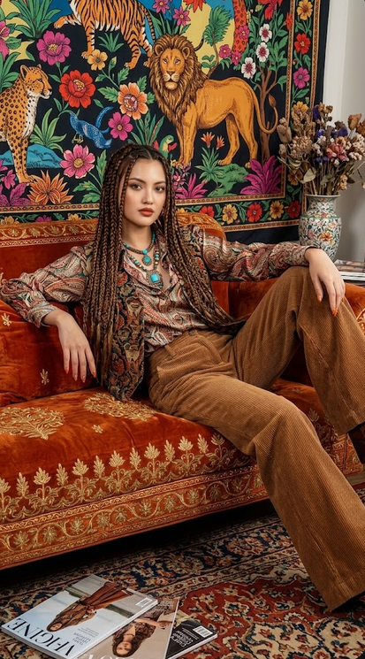 A full-body, high-fidelity technical photograph of a woman lounging on an Indian-inspired velvet sofa in deep orange with gold embroidery