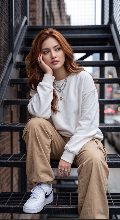 wearing a loose white sweatshirt and baggy tan pants, sits on dark metal stairs