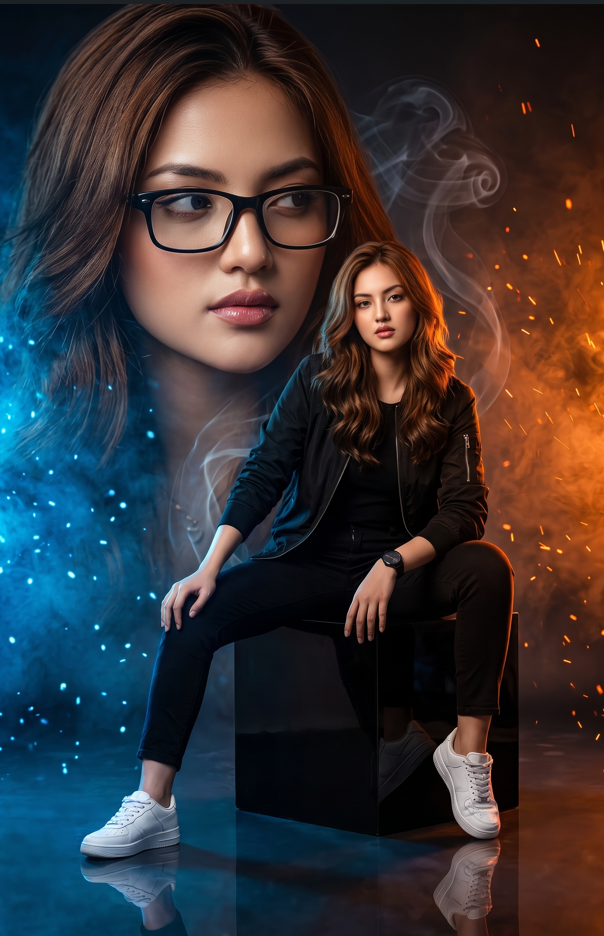 Create a high-end cinematic double-exposure fashion poster using the uploaded reference photo