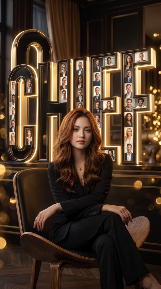 Beautiful confident woman sitting on a modern wooden chair, giant glowing 3D "CHIEF" text behind her