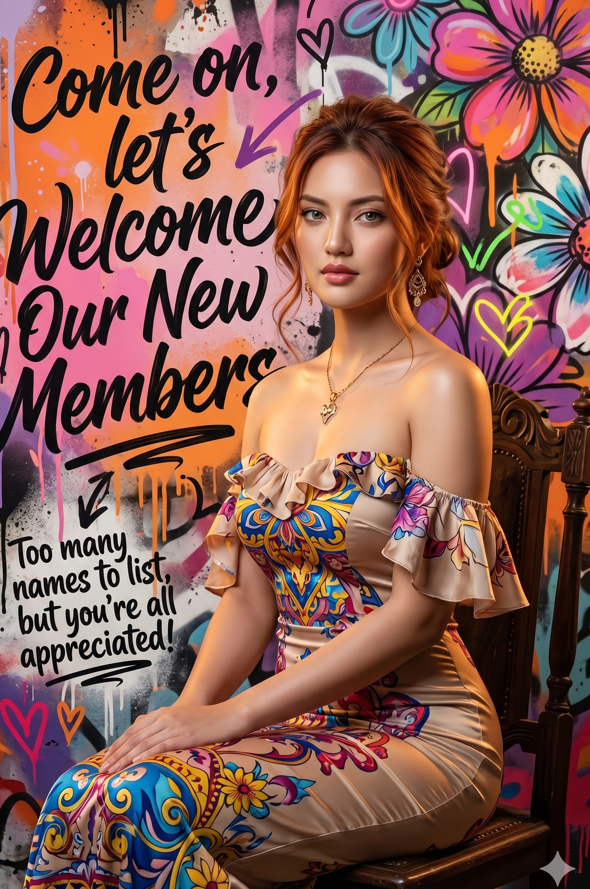 Ultra-realistic digital poster art featuring a young woman[image1] sitting on a vintage wooden chair in front of a vibrant urban graffiti wall