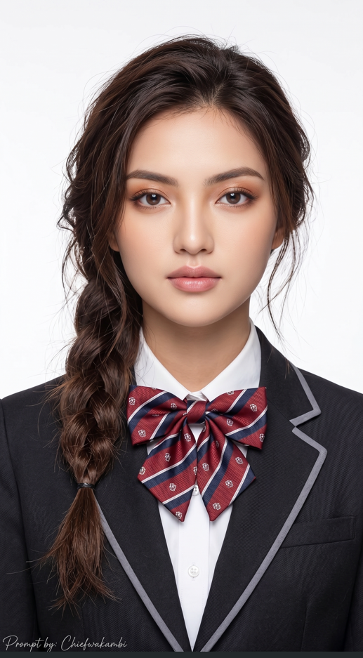Create a realistic portrait (100% like the face), High-quality, The young woman faces the camera directly with a neutral, calm expression