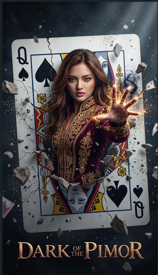 A hyper-realistic cinematic movie poster of a powerful female sorcerer with the same facial structure and likeness as the uploaded reference photo