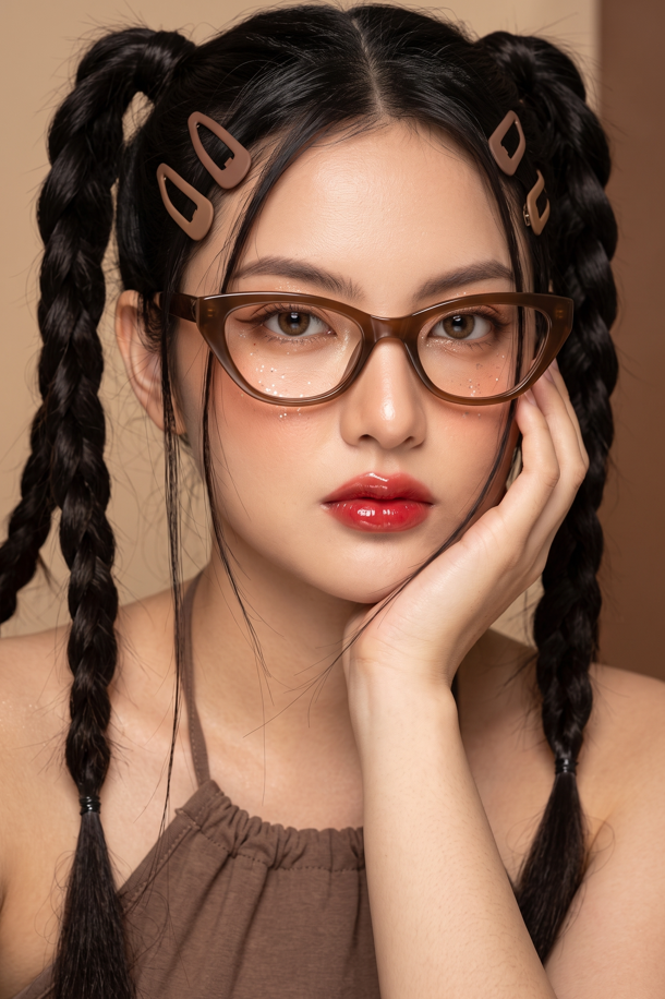 Create a hyper-realistic and high-quality close-up portrait of a stylish young woman, her dark thick long hair styled in twin high artistic braids that fall over her ears