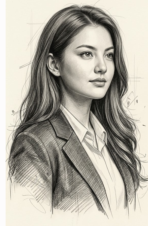 A sophisticated vertical fine-art portrait of a beautiful young woman with long, naturally wavy dark hair, rendered as an exquisite monochromatic graphite and charcoal drawing with subtle photorealistic facial modeling