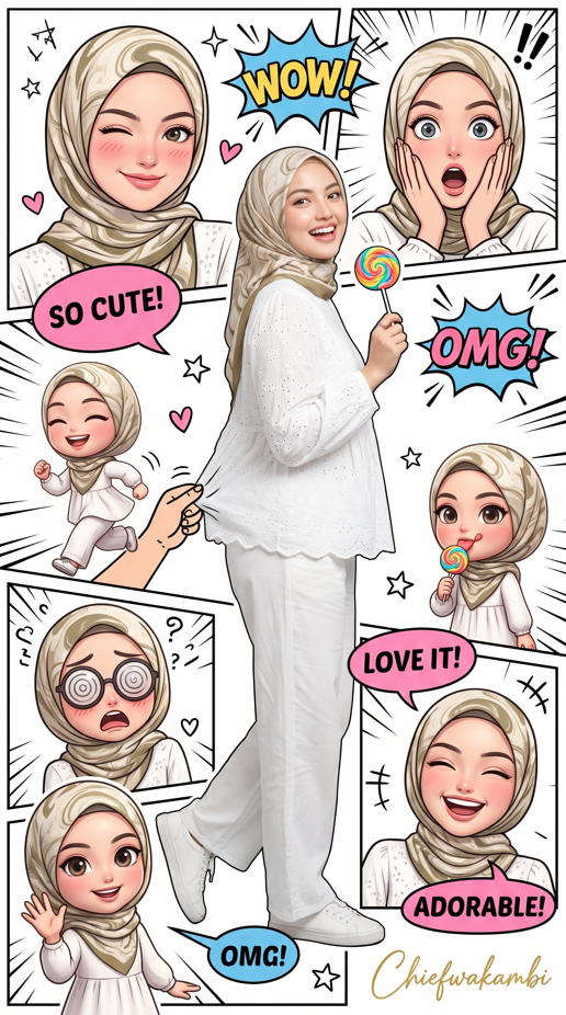Create a vertical 9:16 playful comic-style collage featuring the same beautiful young Muslim woman in multiple cute and expressive versions