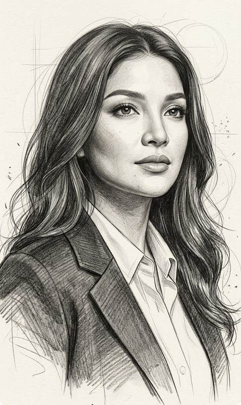 A sophisticated vertical fine-art portrait of a beautiful young woman with long, naturally wavy dark hair, rendered as an exquisite monochromatic graphite and charcoal drawing with subtle photorealistic facial modeling