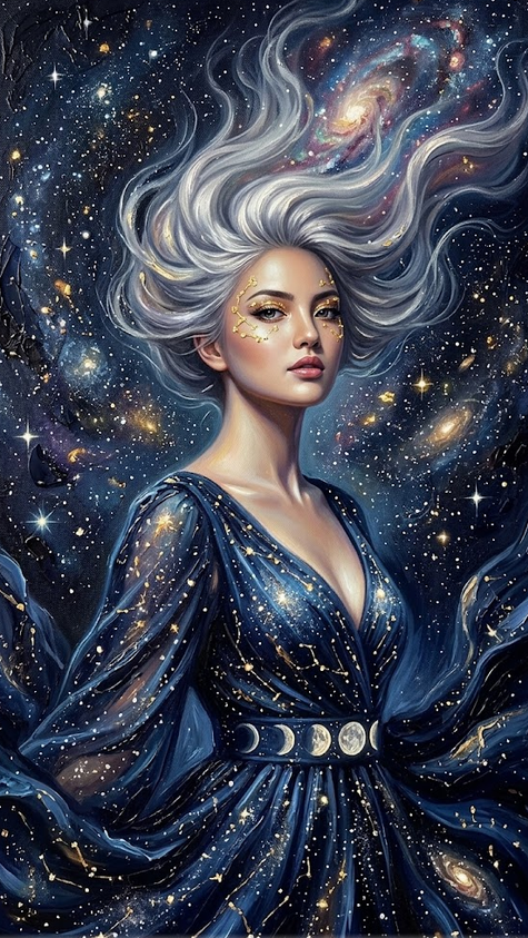 Celestial Goddess in the Night Sky Medium: Oil on heavy textured canvas. Style: Dreamscape Surrealism