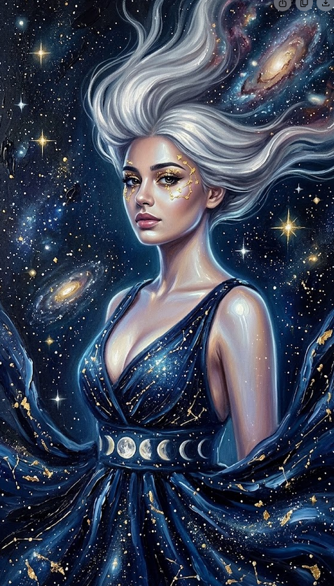Celestial Goddess in the Night Sky Medium: Oil on heavy textured canvas. Style: Dreamscape Surrealism