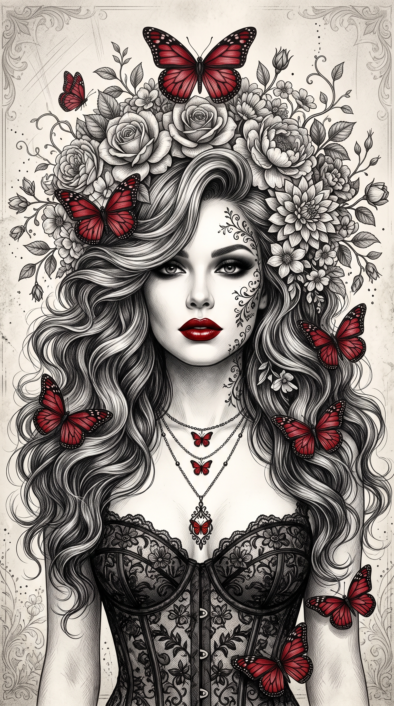 an exceptionally beautiful adult woman with refined realistic proportions and luminous skin rendered primarily in monochromatic graphite tones