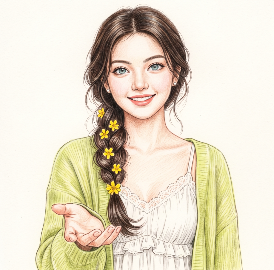 Half-body portrait of a beautiful young woman with long wavy dark brown hair styled in a single loose braid draped over one shoulder, adorned with small bright yellow flowers woven into the braid