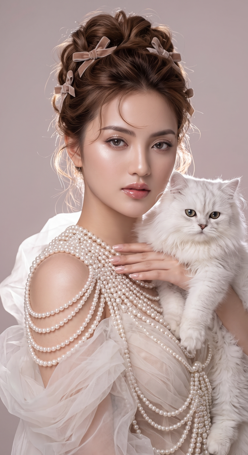 Ultra-hyper-realistic cinematic coquette avant-garde fashion portrait, use ONLY the face from uploaded photo (100% identical face identity), slender elegant woman with luminous fair glowing skin showing realistic micro-skin pores