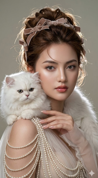 Ultra-hyper-realistic cinematic coquette avant-garde fashion portrait, use ONLY the face from uploaded photo (100% identical face identity), slender elegant woman with luminous fair glowing skin showing realistic micro-skin pores