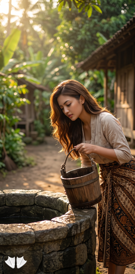 Gracefully draws water from a traditional stone well with a wooden bucket. Golden hour sunlight filtering through tropical foliage, perfect catchlights in the eyes, glowing skin