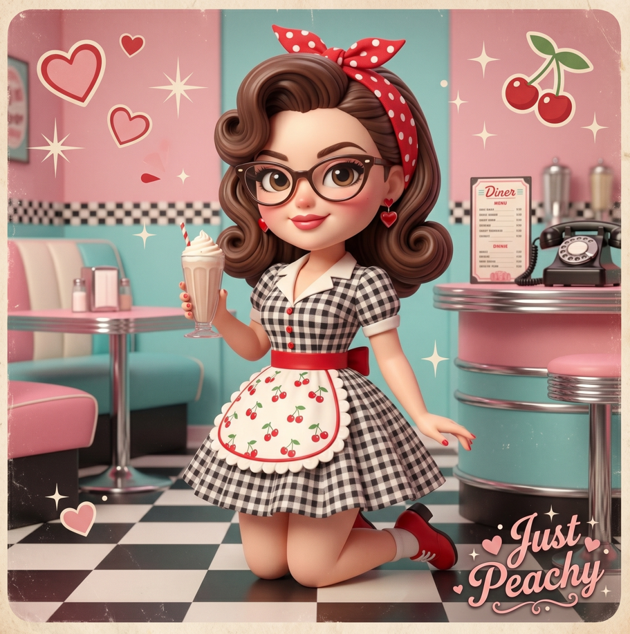 adorable 3D chibi 1950s pin-up character