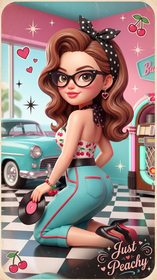 adorable 3D chibi 1950s pin-up character