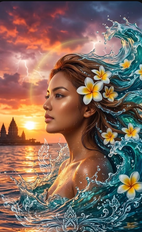 Dewi laut Bali (wajah dibuat mirip foto yang diupload) yang sangat detail muncul dari perairan suci Bali saat matahari terbenam