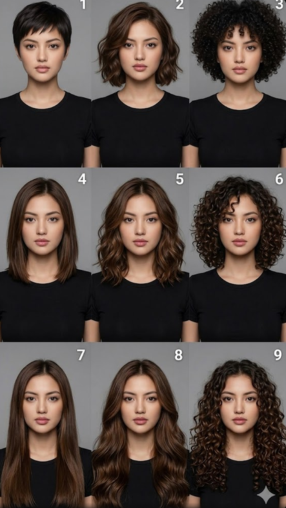 Ultra-realistic portrait grid of the same person, wearing a simple black top against a plain gray background. Each frame shows a different hairstyle variation