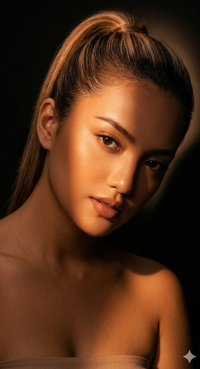 A hyper-realistic cinematic beauty portrait, editorial-style close-up photography with a dramatic shadow pattern