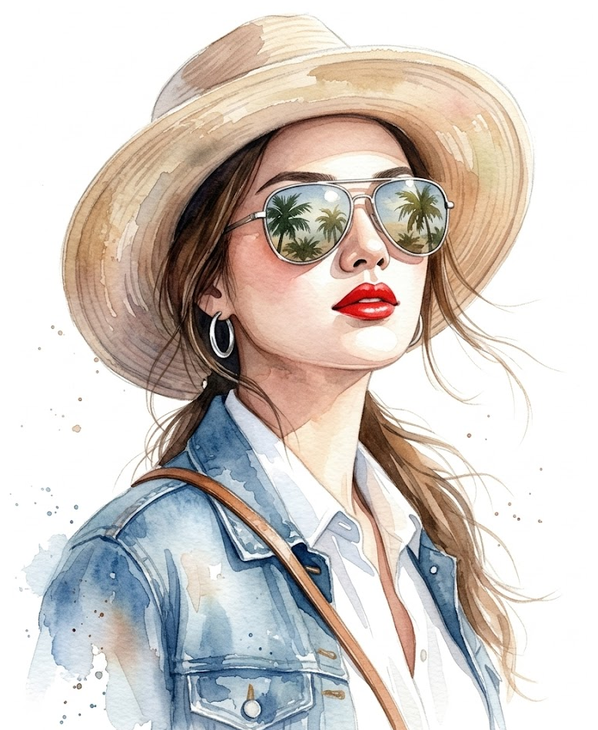 A beautiful watercolor portrait of a woman looking slightly upward, exuding a chic, adventurous summer vibe