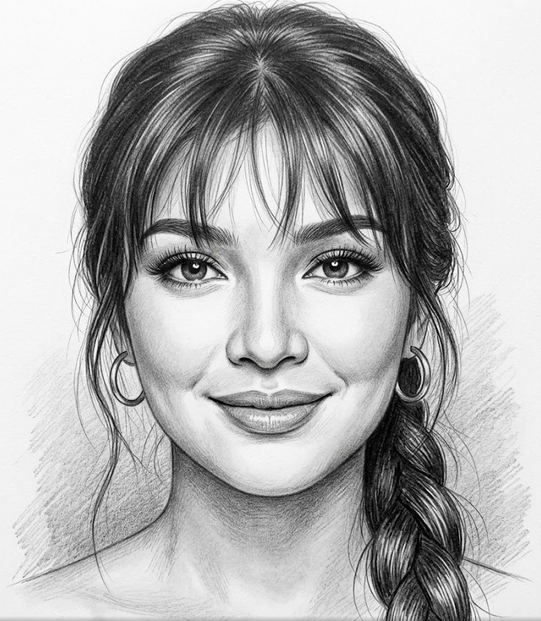 A hyper-realistic graphite pencil portrait of a young woman smiling gently, facing directly toward the viewer