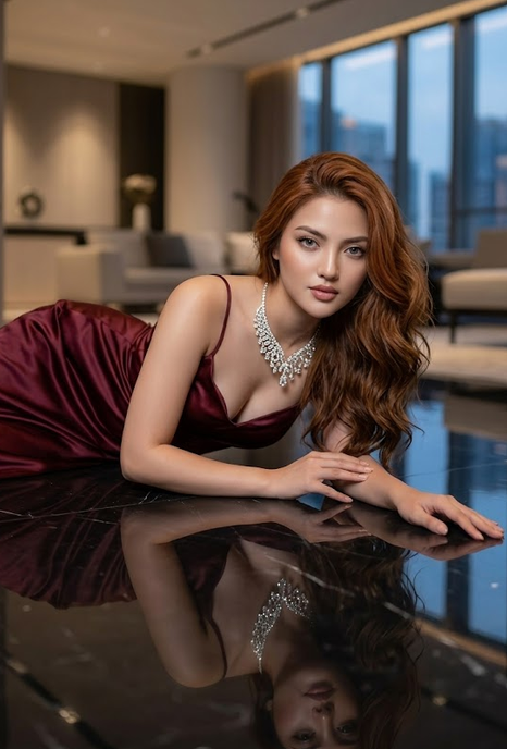 Ultra-realistic luxury portrait of an elegant young woman lying gracefully on a glossy reflective floor