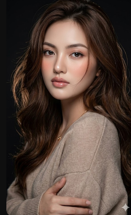 Her face features delicate, symmetrical facial proportions with flawless porcelain-white skin. Douyin-inspired makeup remains exactly the same: smooth matte-glow complexion