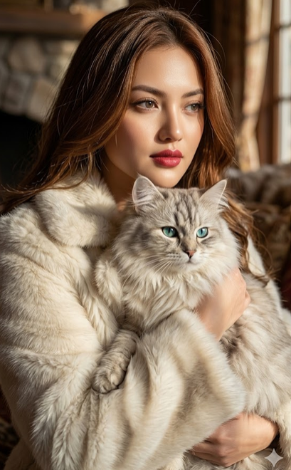 intimate close-up luxury portrait creating timeless cozy editorial atmosphere, softly holding a majestic long-haired luxury cat creating warm emotional storytelling energy