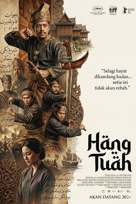 A high-end art-house cinematic movie poster for a Southeast Asian historical epic titled “Hang Tuah”