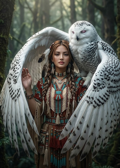 A fantastical, hyper-realistic cinematic portrait of a Native American spirit guardian