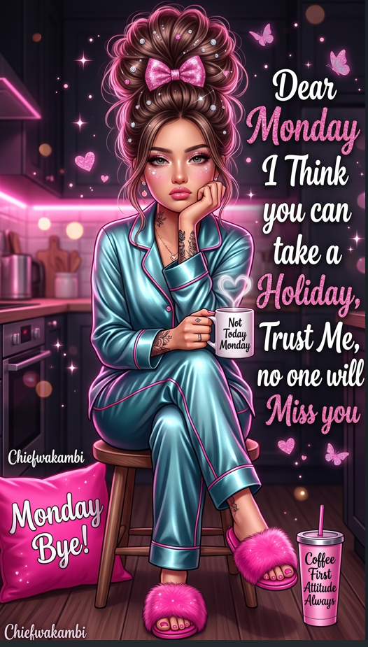 Ultra-Detailed Image Generation Prompt: "Dear Monday – Glam Pajama Coffee Mood" (Identity Lock • Tattoo Lock • Signature Lock • Editorial Digital Illustration • Glam Doll Style)