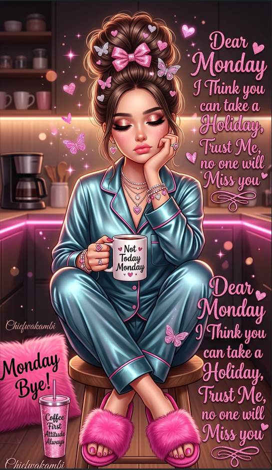 Ultra-Detailed Image Generation Prompt: "Dear Monday – Glam Pajama Coffee Mood" (Identity Lock • Tattoo Lock • Signature Lock • Editorial Digital Illustration • Glam Doll Style)
